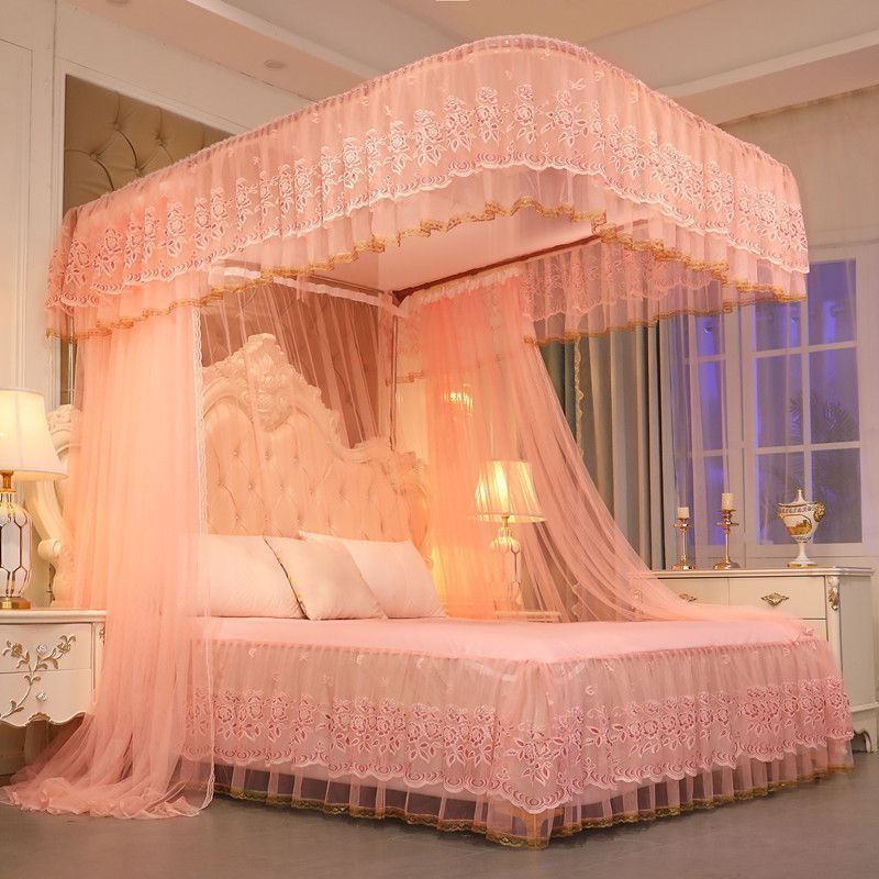家用轨道蚊帐双人u型卧室公主风1.5m1.8米2m床三开门加密婚庆纹帐