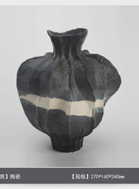 侘寂风鎏墨班青陶瓷花瓶家居样板间手工花艺花器中古艺术饰品摆件