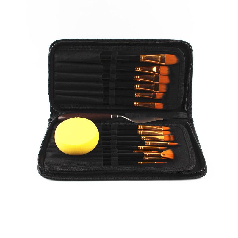 15支油画笔黑色刷水粉绘画笔布包丙烯笔刷文具套装