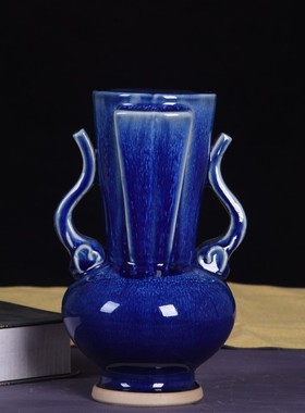 客厅小花瓶摆件复古双耳瓷瓶钧瓷玄关装饰品陶瓷器古董工艺品花瓶