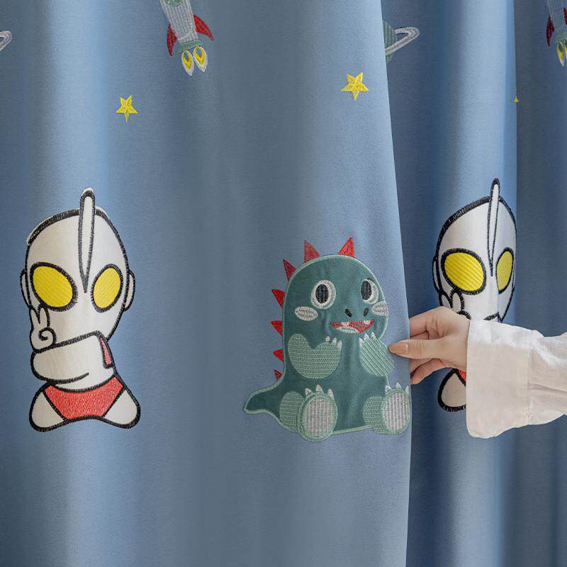 儿童款遮光棉麻男孩绣花卧室窗帘2024新款女孩成品定制卡通怪兽