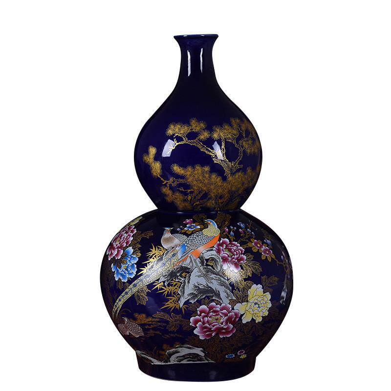 陶瓷落地大花瓶蓝色花鸟葫芦瓶陶瓷葫芦室内装饰品摆件玄关家居