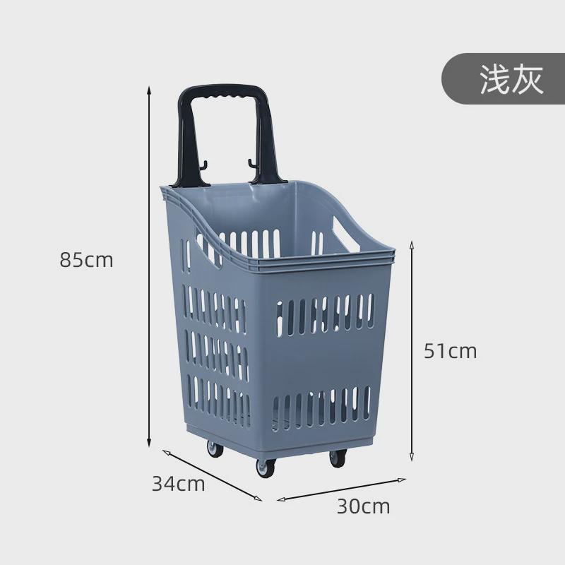 超市拉杆式购物篮特大号拉杆带轮大卖场塑料筐手提小推车红色菜篮