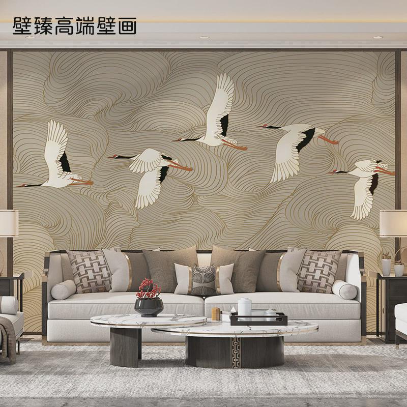 现代手绘新中式线条波浪祥云鹤群背景墙精雕立体效果温馨墙布轻奢