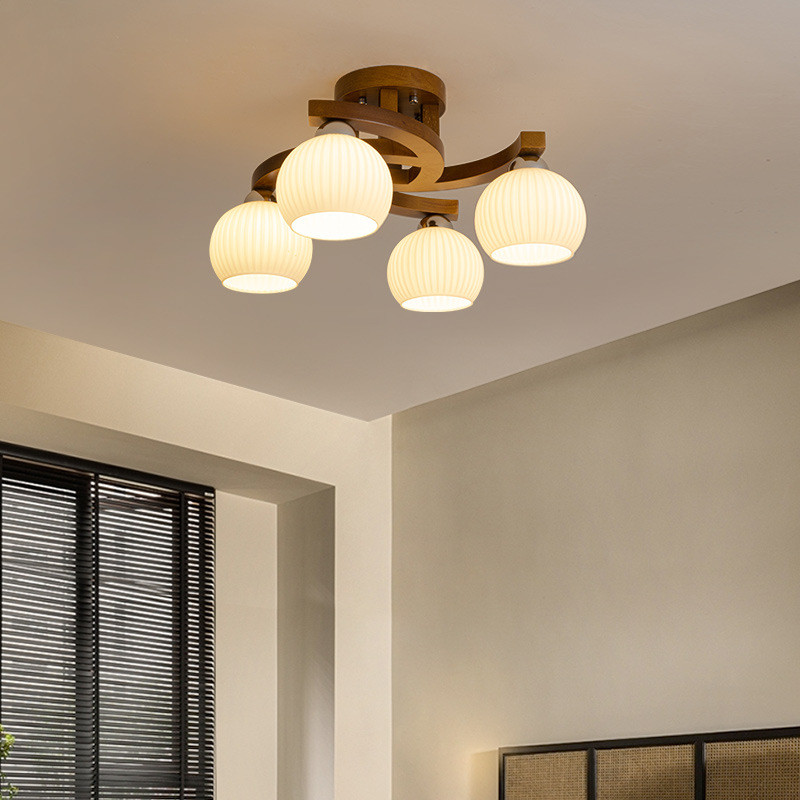 热销客厅卧室灯吸顶灯简约新中式胡桃色实木中古风日式复古主餐厅