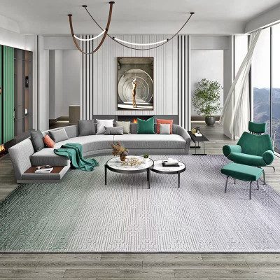 奶油风地毯客厅绿色轻奢几何图案现代简约高级茶几毯短毛混纺地毯