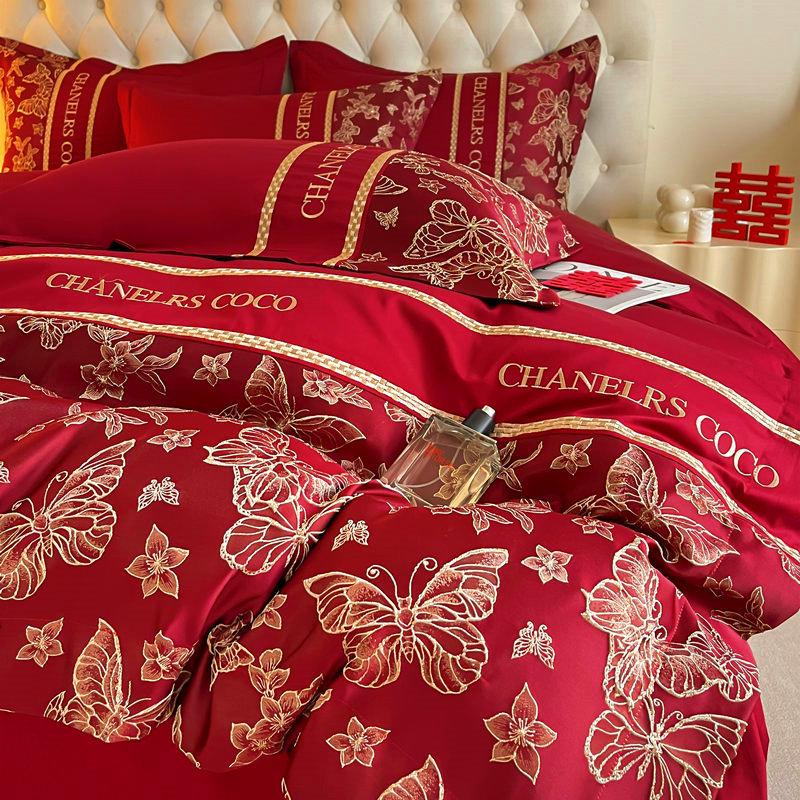 热销XEI3大红色婚庆四件套新婚床单被套纯棉备婚喜被结婚床上用品