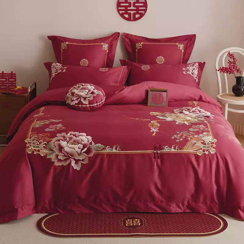 浪漫婚庆100s床上用品床单四件套龙凤刺绣全棉结婚被套床盖长绒棉