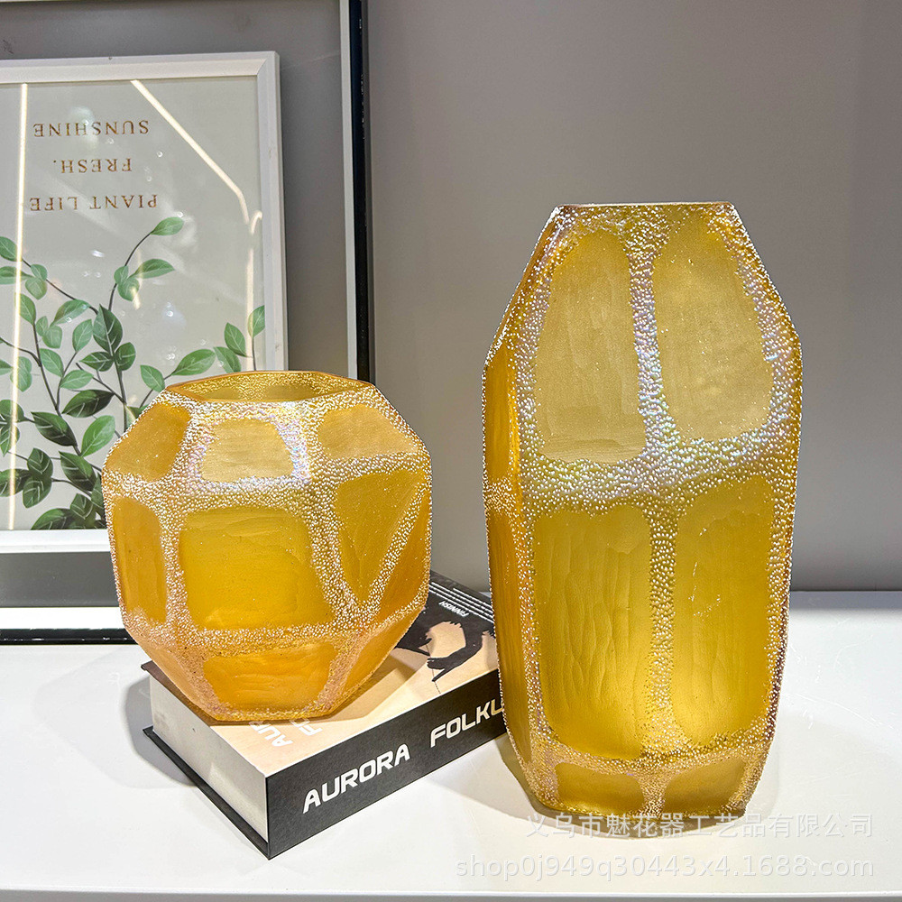 热销轻奢高级感磨插花琉璃花瓶样板间会议室插花美式摆件刻器高级