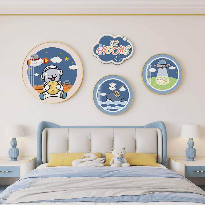 卡通男孩儿童房装饰画女孩卧室线条小狗挂画床头背景墙高级感壁画