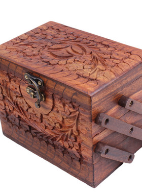 印度巴基斯坦仿古核桃木手工雕刻立体高档三层宝盒珠多层首饰匣子