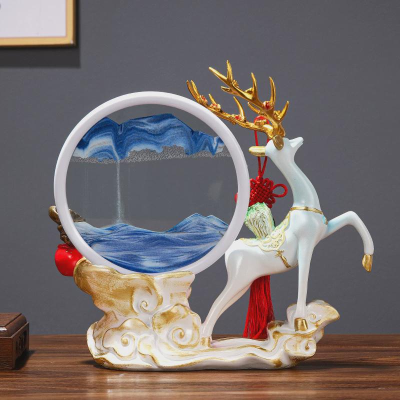 热销新中式招财客厅流沙画摆件鹿玄关电视柜家居装饰品办公室桌面