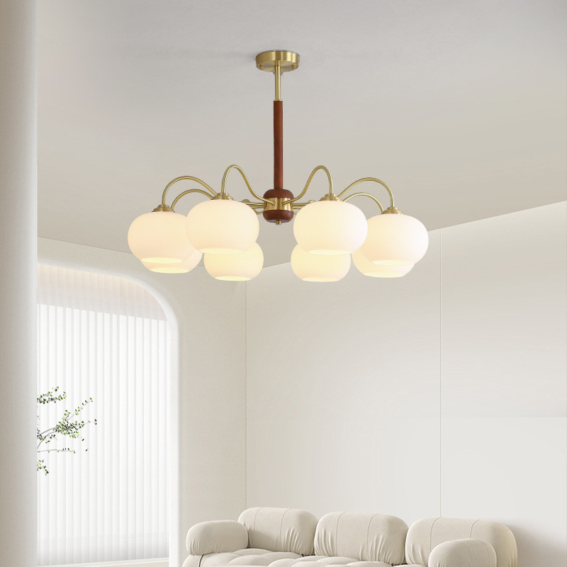 法式中古风全铜胡桃木客厅吊灯奶光玻璃卧室灯奶油风简约餐厅复古