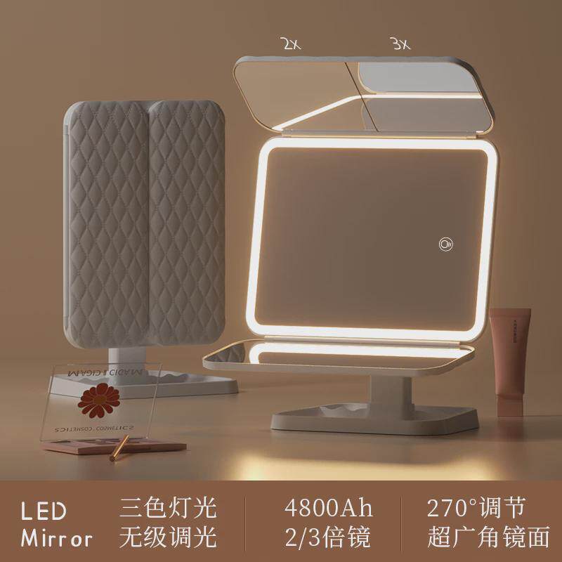 t9j5镜子梳妆led带灯桌面台式可立折叠家用学生宿舍放大化妆镜美