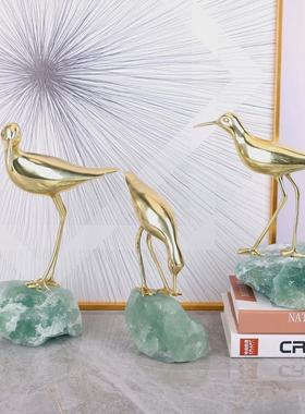 新中式铜鸟天然石底座摆件轻奢高档客厅玄关电视柜家居装饰品