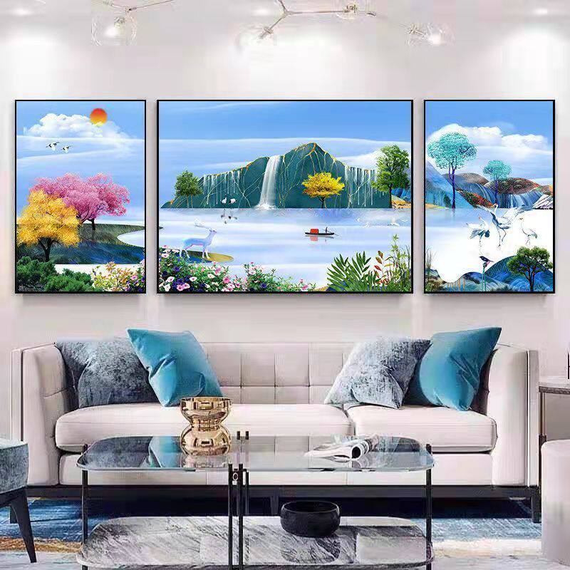 新中式风景壁画沙发办公室山水三联画客厅装饰画背景大气水晶挂画