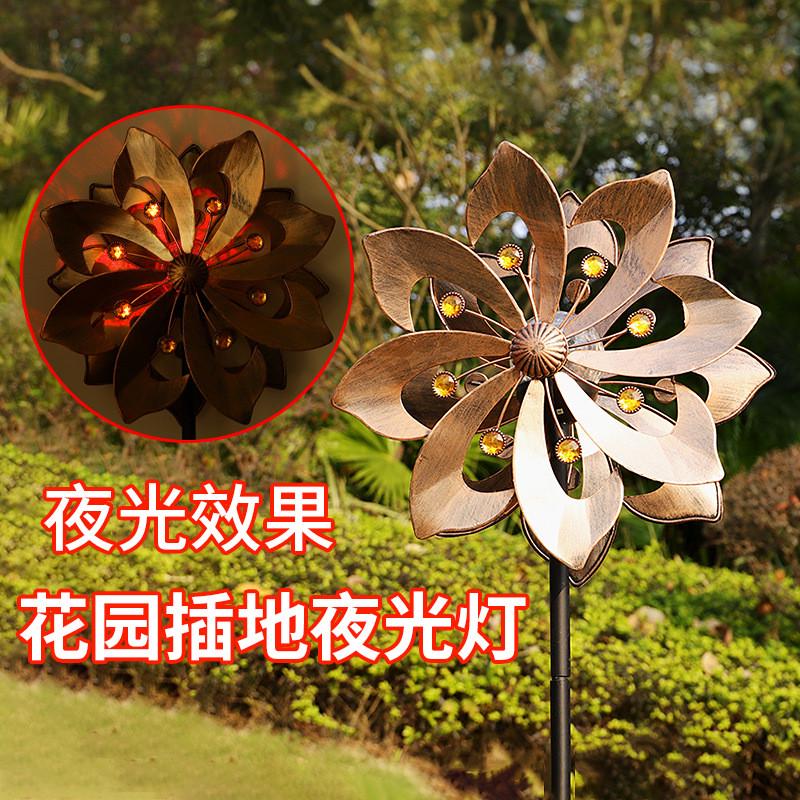 跨境热销花园风车插件户外太阳能LED变色灯古铜色铁艺庭院草坪灯