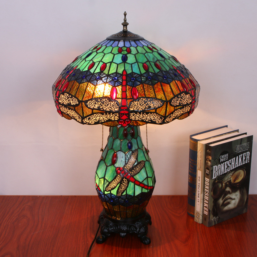 热销欧台灯蒂凡尼濠欧式复古彩色玻璃客厅餐厅卧室酒吧蜻蜓子母台