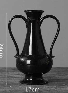 复古轻奢祖母绿陶瓷双耳花瓶北欧ins风插花工艺品桌面摆件花器