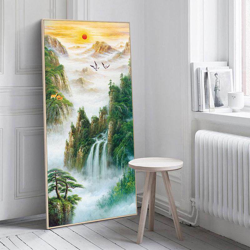 墙上黄山迎客松山水风景油画中式玄关装饰画酒店大厅竖版制作挂画