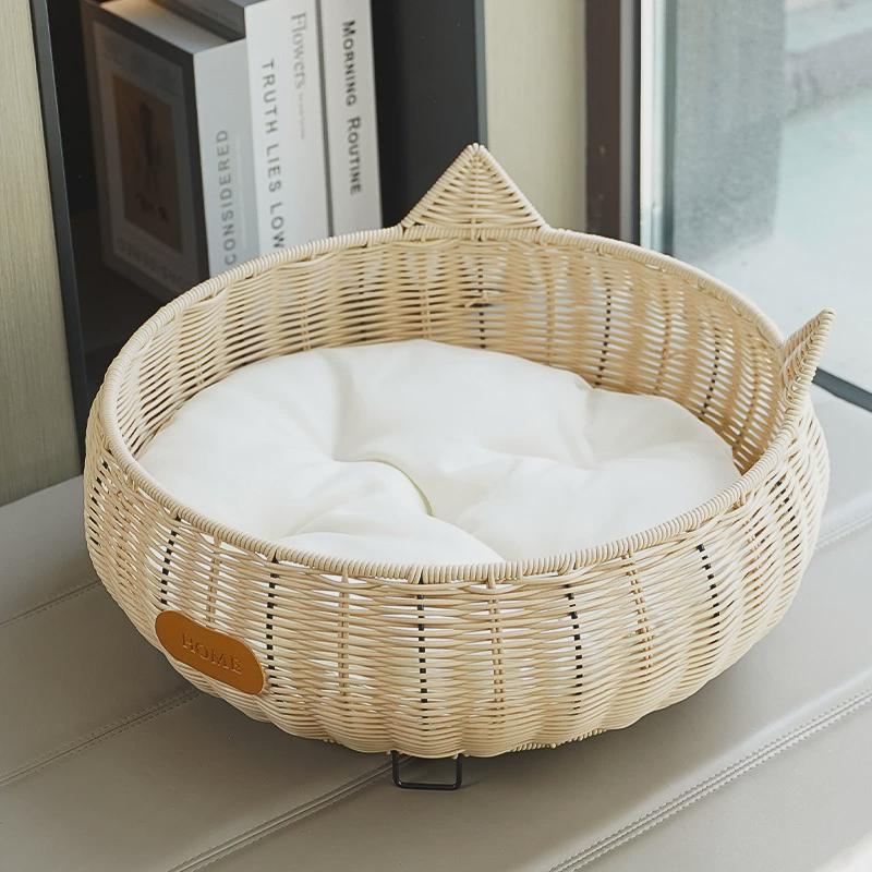 竹编猫窝草编四季离地防潮猫床户外抓板夏季可拆洗待产藤编狗窝