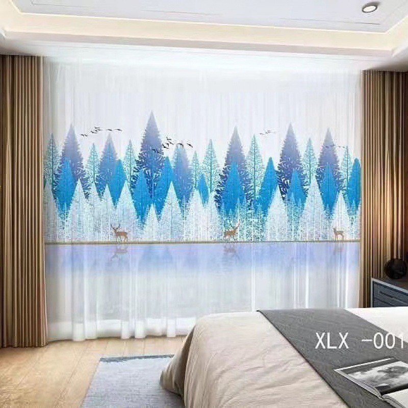 新中式窗帘现代山水画水墨画茶室纱印花阳台卧室客厅金刚隔断纱帘