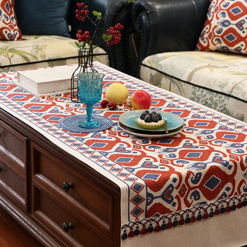 qjao批发桌旗波西米亚民族风新年棉麻美式餐桌布茶几布电视柜盖布