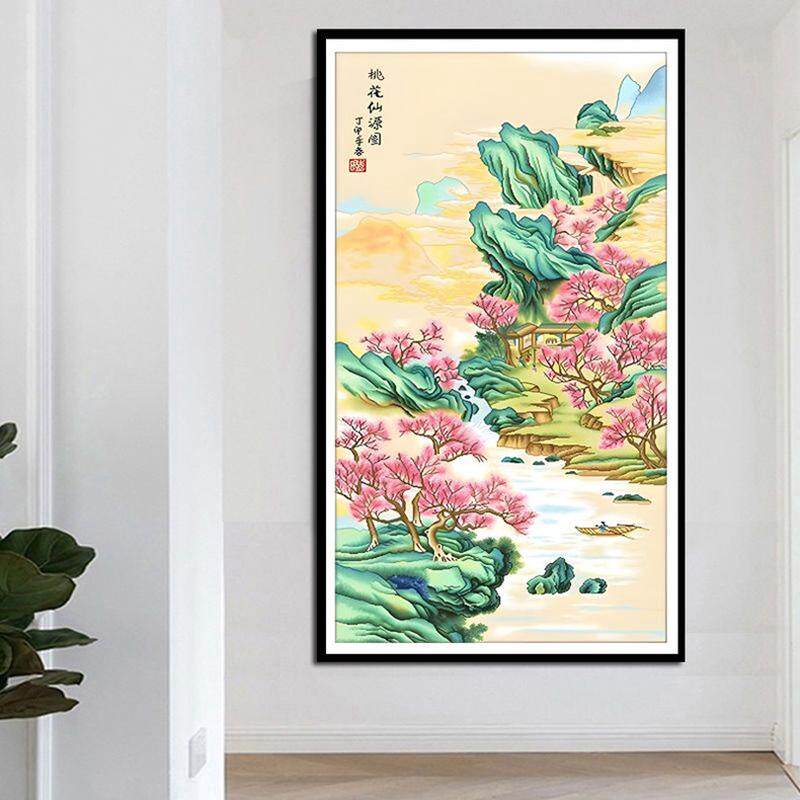 名画桃花仙源图十字绣2023新款线绣竖版客厅卧室玄关走廊风景国画