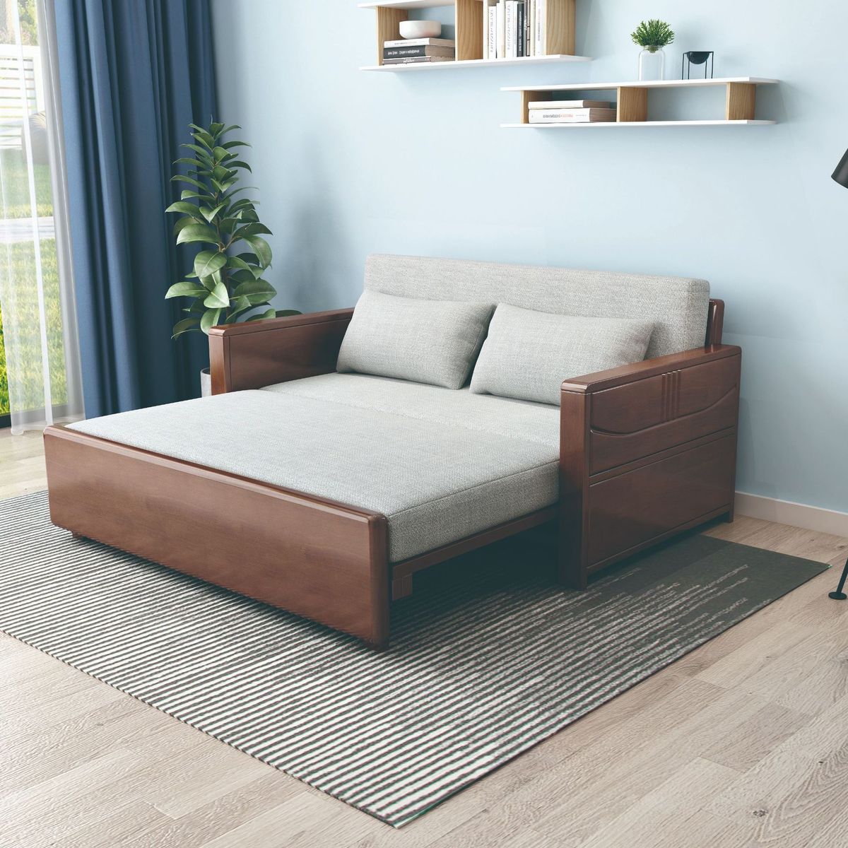 全实木折叠可沙发床一体多功能折叠床简约小户推拉伸缩午休床