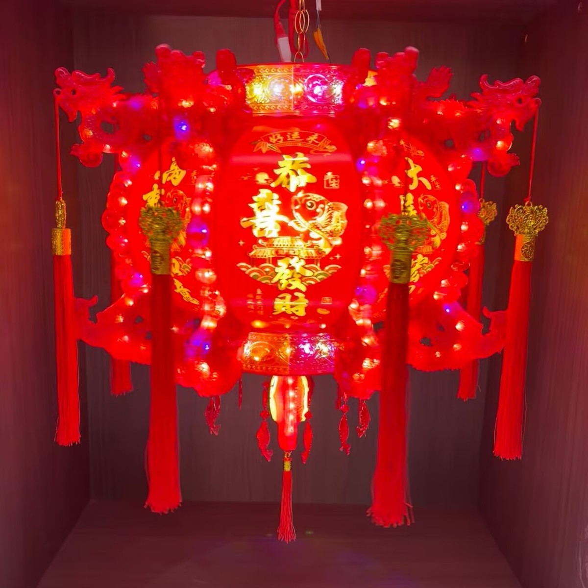 新年新款硬壳亚克力灯笼金福七彩led旋转灯笼春节外转水晶走马灯