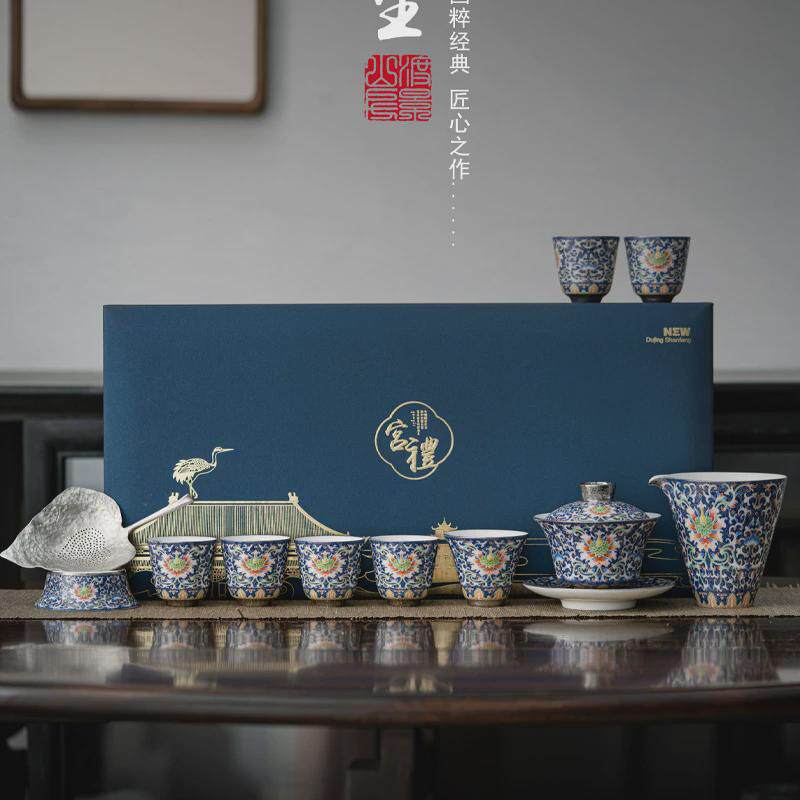 渡景山房黄旭东金奖茶具手工掐丝银彩功夫茶具套装掐丝珐琅彩作品