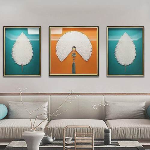 客厅装饰画现代简约轻奢手工三联羽毛实物立体挂画沙发背景墙壁画