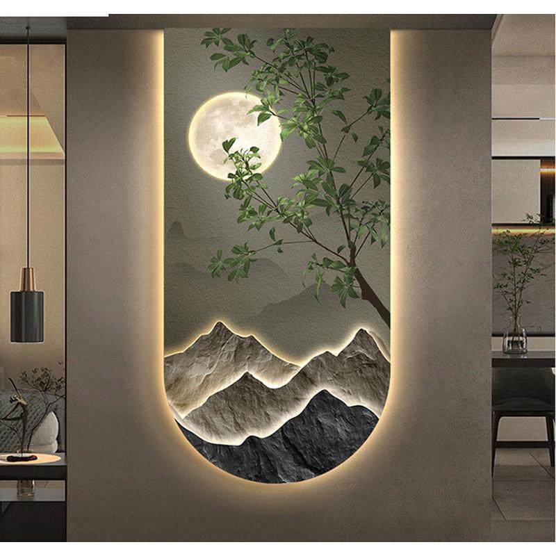 侘寂挂画led灯画入户玄关装饰画高档客厅壁画山水绿植过道壁灯风