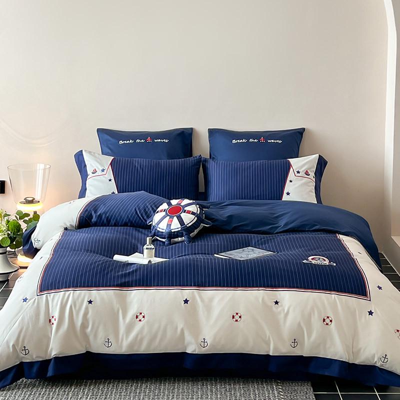 8n英伦风100s长绒棉四件套高帆船刺绣男孩被套床上用