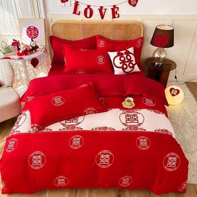 床单被套四件套磨毛结婚大红色婚庆床上用品三件套纯色加厚斜纹