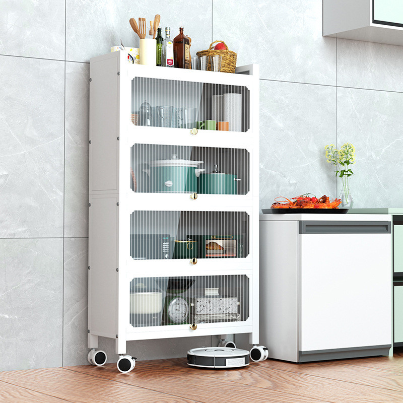 热销厨房翻盖收纳架带柜门置物架落地多层多功能防尘杂物瓶罐储物