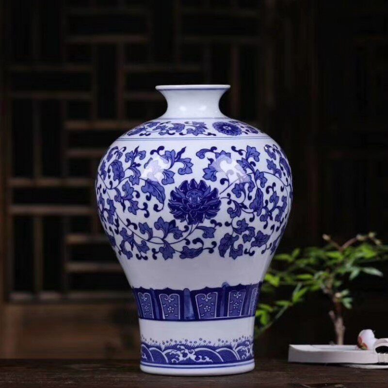 景德镇缠仿古青花瓷花瓶陶瓷器枝莲中式博古架客厅书房装饰品摆件