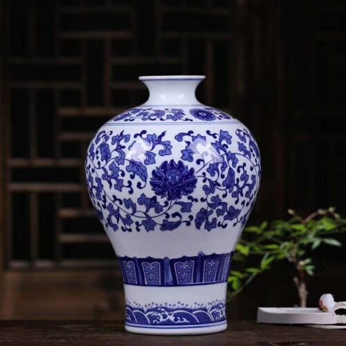 景德镇缠仿古青花瓷花瓶陶瓷器枝莲中式博古架客厅书房装饰品摆件
