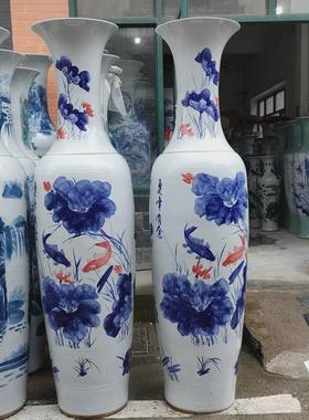 手绘落地大花瓶开业庆典花釉下彩荷花连年有余青商务礼品装饰品