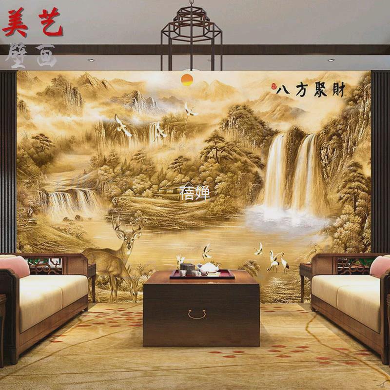 C犕1电视背景墙壁纸壁画客厅中式墙纸办公室3d立体墙布山水浮雕风