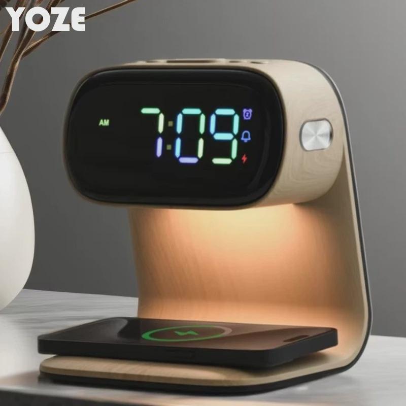 创意时钟木头无线充夜灯大屏桌面简约床头闹钟静音卧室装饰氛围灯