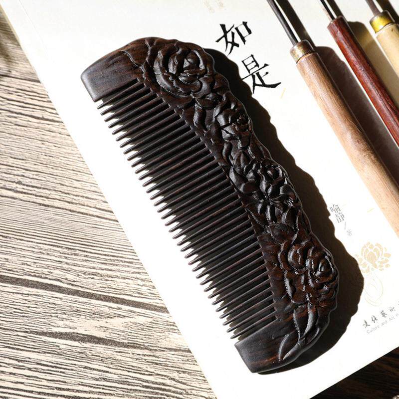 媺工艺紫光檀木梳雕刻美发梳子黑檀乌木创意头梳娇娘木梳玫瑰