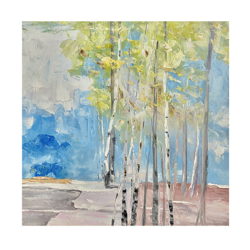 客厅手绘油画白桦林风景玄关餐厅纯抽象装饰画厚肌理刀画挂画竖版