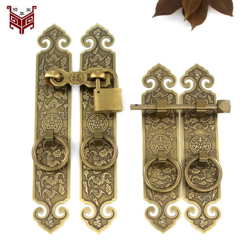 纯黄铜仿古拉手中式纯黄铜锁扣插销柜门拉手民宿大门把手老式木门