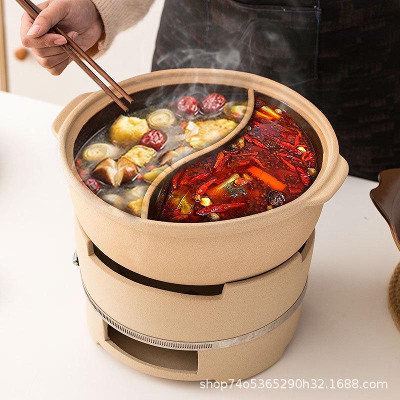 老式鸳鸯火锅土砂锅陶炉商用明火陶瓷专用锅家用木炭户外火锅汤煲