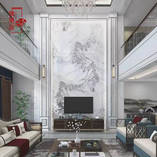 别墅中式电视背景墙高温岩板大理石客厅挑高中空复式楼山水画轻奢
