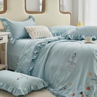 新款云沙棉刺绣花边夏被四件套机可洗凉感丝夏凉被双人夏季薄被子