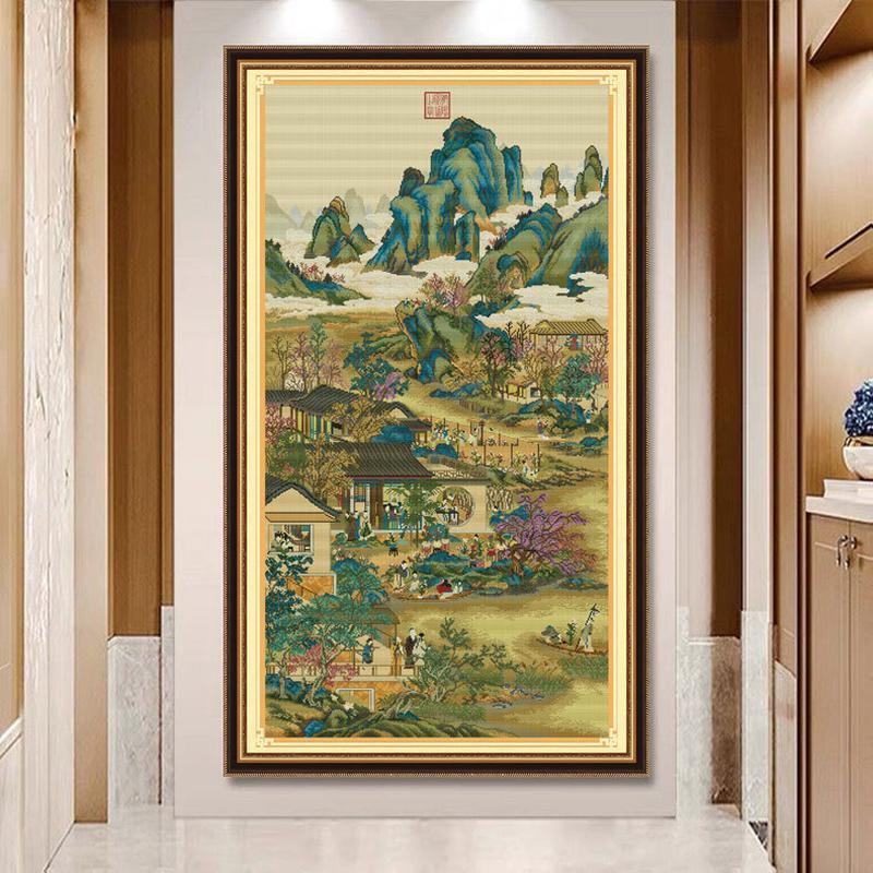 新款十字绣客厅风景雍正十二月九月绣线传世名画山水玄关手工竖版