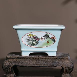 紫砂花盆正方形美工盆手绘盆手工贴画山水菖蒲盆陶瓷盆景盆觅陶乡