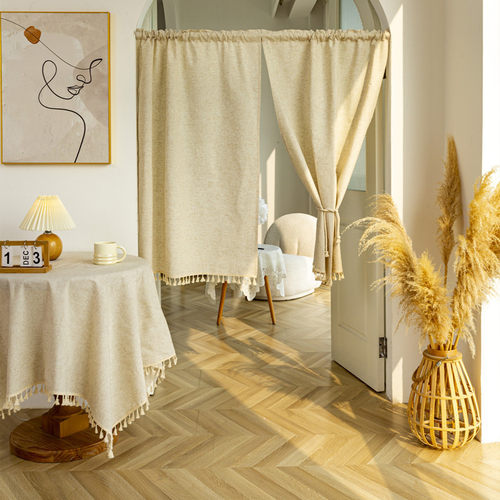 热销短涤麻ins日式民宿免打孔隔断帘韩式本色厨房流苏门帘跨境帘